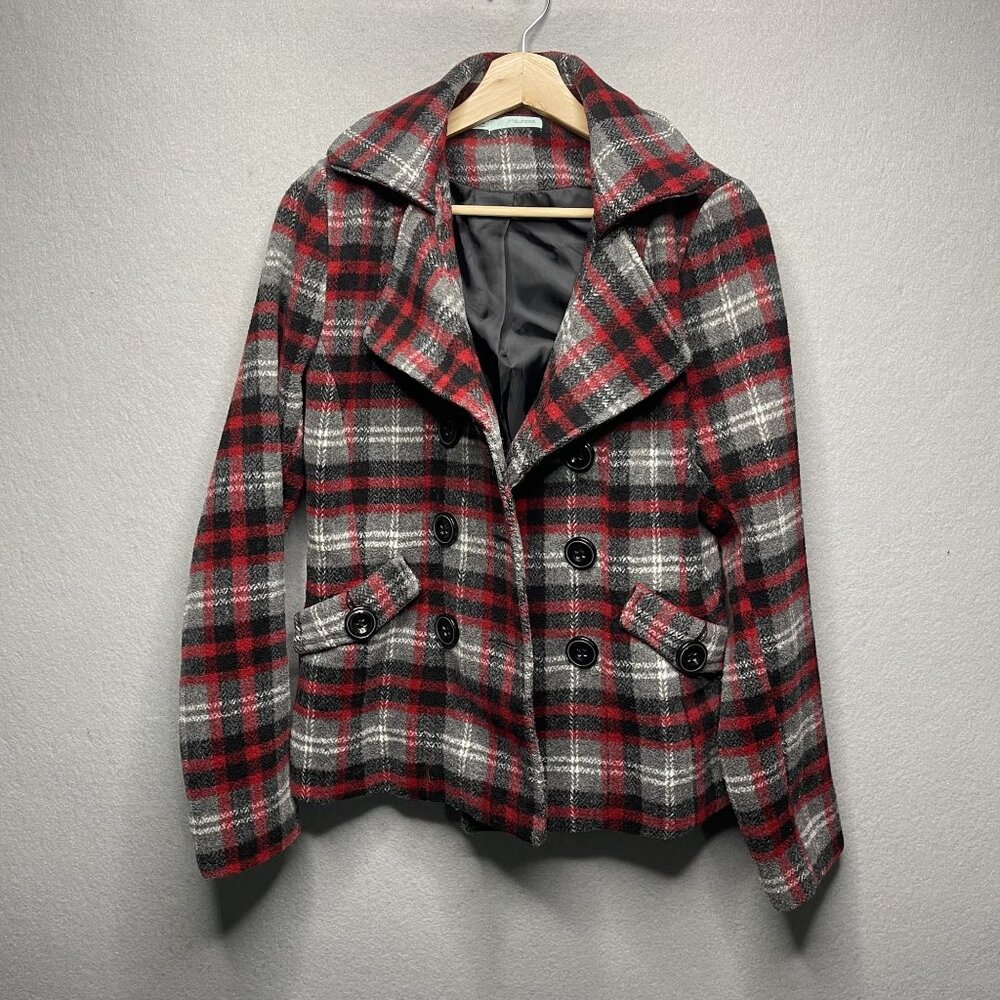 Maurices Womens Red & Gray Plaid Wool Blend Peacoat Jacket S